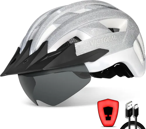 Miniatura 20 de VICTGOAL Casco de bicicleta con luz trasera recargable por USB, gafas magnéticas desmontables, visera solar extraíble, cascos de bicicleta