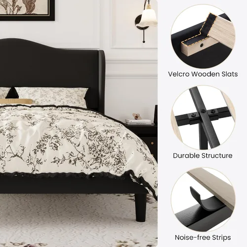Miniatura 5 de SHA CERLIN Marco de cama de plataforma de terciopelo de tamaño completo con elegante cabecero con respaldo alado, diseño moderno y lujoso, listones