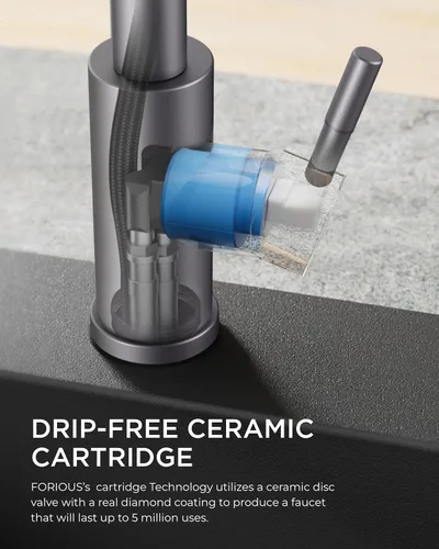 Miniatura 7 de FORIOUS Grifo de cocina con rociador extraíble, grifo de fregadero clásico de resorte extraíble de acero inoxidable comercial de una sola manija Gris