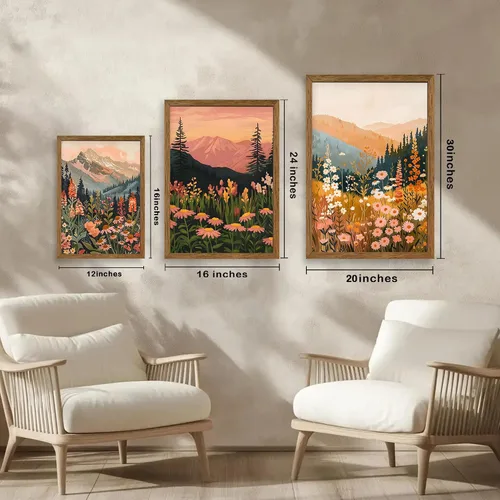 Miniatura 5 de WRFON Lienzo botánico y de flores, arte enmarcado de pared de paisaje de montaña, juego de 3, impresión en lienzo de prado de flores silvestres