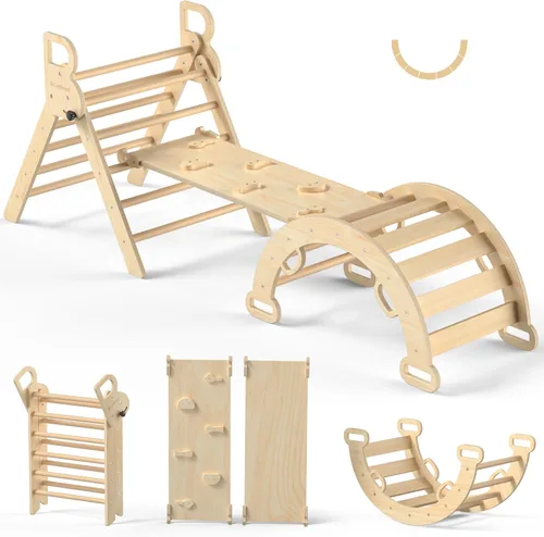 BlueWood Pikler - Juego de triángulos de madera para niños pequeños, escalador 7 en 1, juguetes plegables para escalar, gimnasio Montessori con