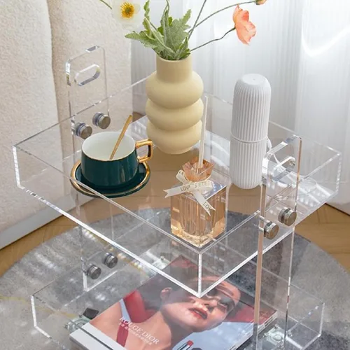 Miniatura 8 de Gdrasuya10 Mesa auxiliar de acrílico transparente con ruedas, mesa auxiliar de acrílico de 2 niveles, carrito de servicio rodante, mesa