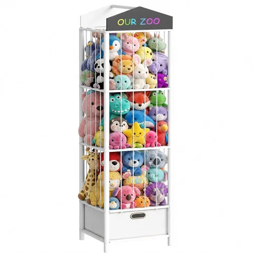 Miniatura 11 de HOOBRO Almacenamiento de animales de peluche, organizador de animales de peluche de bambú con cajón de tela y pizarra de bricolaje, organizador