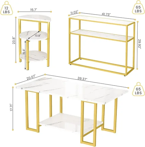 Miniatura 2 de Lamerge Juego de 3 mesas de sala de estar, mesa auxiliar de mármol sintético y mesa auxiliar de 3 niveles y mesas consola, juego de mesa moderno