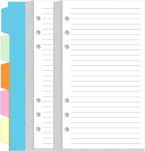Paquete de 2 recambios de papel rayado A6 para carpeta personal Filofax, 160 hojas/320 páginas de papel con 5 separadores de carpetas coloridos,