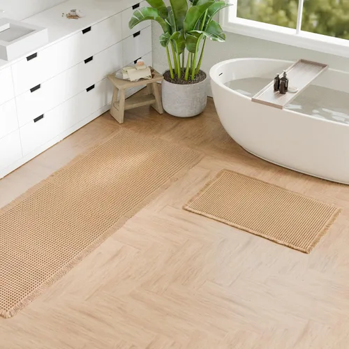 Miniatura 25 de Hiasan Tapete de baño de punto gofre, súper absorbente, antideslizante, con borlas, lavable a máquina, tapete con parte trasera de goma ultra suave