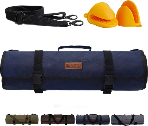 Miniatura 4 de Bolsa enrollable para cuchillos de chef, lona encerada resistente al agua de 12 onzas, estuche portátil resistente para cuchillos con 11 ranuras