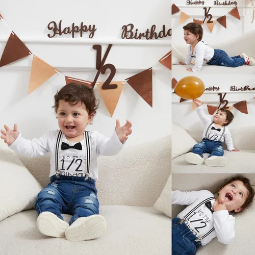 Miniatura 11 de Conjunto de ropa de cumpleaños para bebé niño pequeño, con tirantes, pantalones de mezclilla rasgados