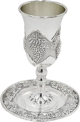 The Dreidel Company Taza alta de Kidush con diseño de uva, copa chapada en plata de primera calidad, copa de shabat y Havdalah, Judaica Shabbos y