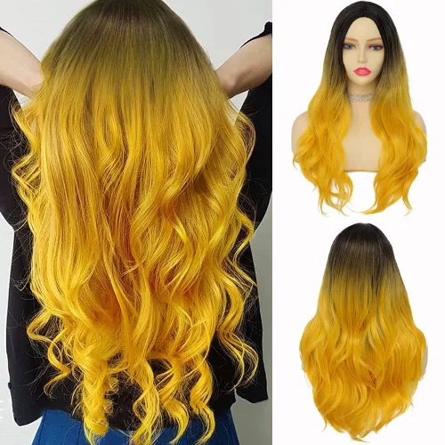 Miniatura 9 de Tseses Pelucas largas y onduladas de color azul degradado para mujer, pelucas de cabello sintético con raíces oscuras, cosplay, fiesta de Halloween