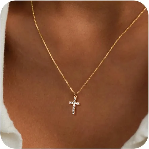Miniatura 44 de Collar de cruz para mujeres y niñas, delicado chapado en oro de 14 quilates, gargantilla con dije de cruz que no se deslustra, impermeable, moderno