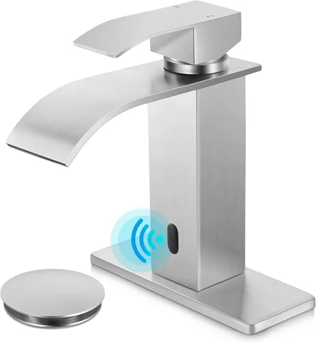 Herogo Grifo de lavabo de baño sin contacto, sensor automático de níquel cepillado, cascada de acero inoxidable con drenaje desplegable de latón