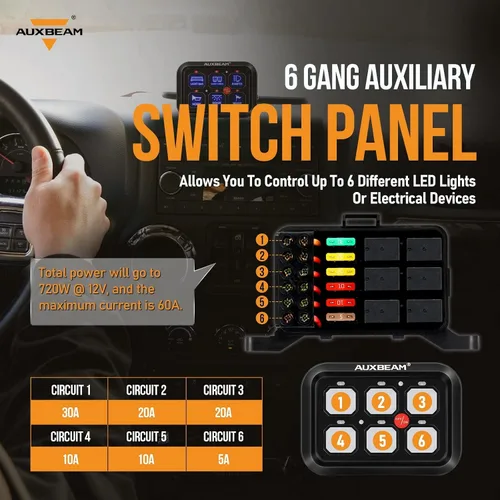 Miniatura 3 de Auxbeam Panel de interruptor de 6 bandas BC60 Sistema de relé de control de circuito universal, interruptor LED regulable automático, panel