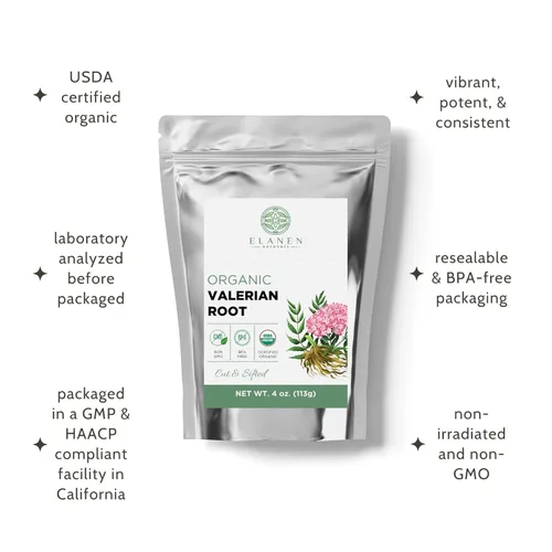 Miniatura 4 de Elanen Naturals Raíz de valeriana orgánica, 4 onzas (3.99 oz), té de hierbas de raíz de valeriana orgánica certificado por USDA, Te De Valeriana