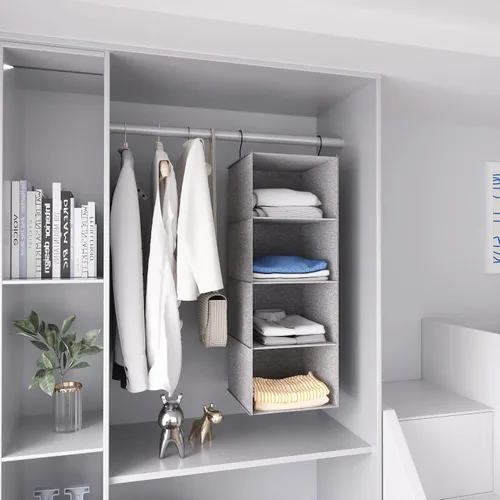 Miniatura 4 de Organizador de Armario Colgante, Guardarropa Plegable de 4 Estantes para Autocaravana, Estantes Colgantes de Almacenamiento para Ropa Doblada, Gris