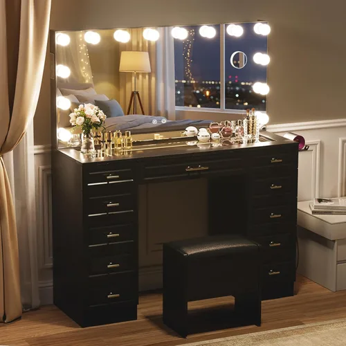 Miniatura 6 de VOWNER Tocador con espejo iluminado, escritorio de maquillaje con parte superior de cristal con altavoz Bluetooth, 14 luces y 11 cajones, 3 modos