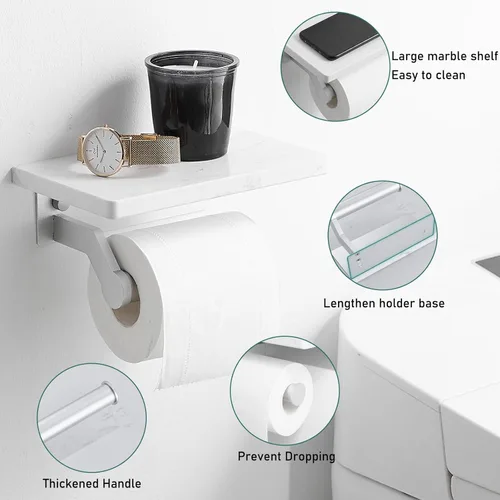 Miniatura 4 de Soporte de papel higiénico de aluminio plateado cepillado Hoimpro con estante de mármol natural blanco, soporte de almacenamiento de rollo de papel