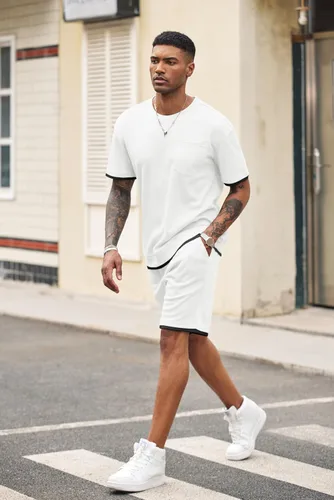 Miniatura 71 de COOFANDY Conjunto de camisa y pantalones cortos de gofre para hombre, conjunto de 2 piezas, conjunto casual de verano con bolsillos