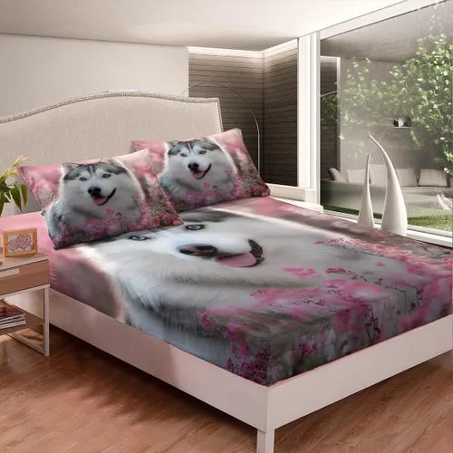 Miniatura 2 de Feelyou Husky - Juego de sábanas con diseño de flor de cerezo rosa, ropa de cama para perro, 1 sábana encimera y 1 sábana bajera ajustable con 1