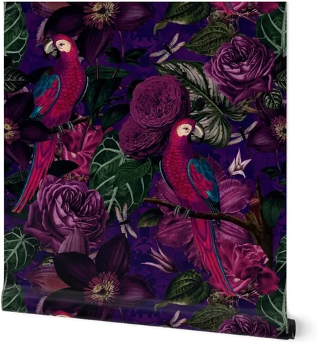 Papel tapiz autoadhesivo para despegar y pegar, diseño de loro de la selva, pájaro, flor, vintage, floral, morado, extraíble, por Spoonflower