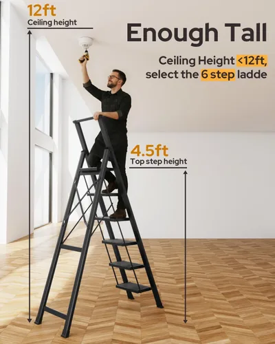 Miniatura 2 de Escalera de 6 escalones para techo de 12 pies de alto, taburete plegable de aluminio ligero con cómodo agarre, escaleras con pedal antideslizante