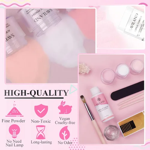 Miniatura 5 de Saviland Kit de iniciación de uñas acrílicas: polvo y líquido acrílico rosa claro nude, cepillo, limas, formularios, uñas a presión, juego