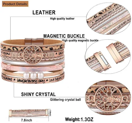 Miniatura 6 de Pulseras inspiradoras de cuero con árbol de la vida para mujeres, regalos de joyería para adolescentes y niñas, Metal, Circonita cúbica