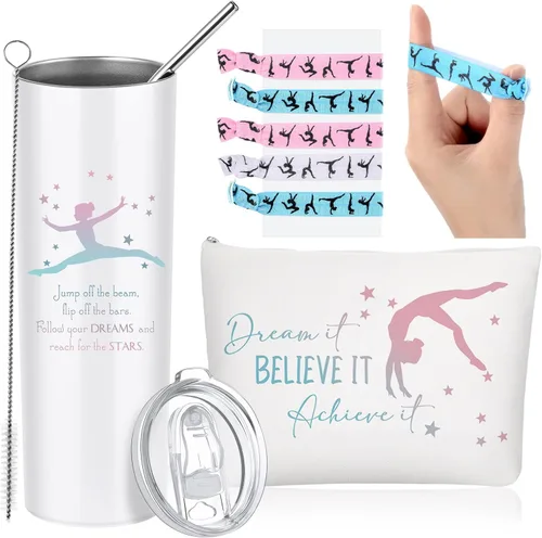 Miniatura 8 de Junkin 3 piezas de regalos de gimnasia para mujeres, incluye vaso de acero inoxidable con bolsa de maquillaje y pajita, lazos elásticos