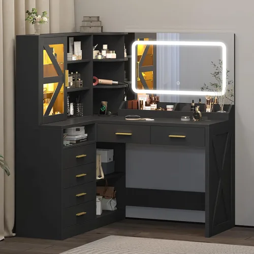 Miniatura 3 de Escritorio esquinero en forma de L con espejo iluminado LED y estación de carga, tocador de maquillaje negro con 6 cajones y gabinete RGB