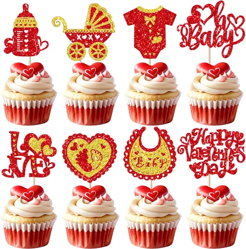 Miniatura 40 de Paquete de 24 adornos para cupcakes con purpurina en forma de corazón con temática de amor dulce, decoración de pasteles para el día de San