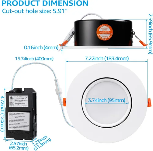 Miniatura 4 de TORCHSTAR Gimbal LED empotrable de 6 pulgadas con caja de conexiones hermética, 13.5 W 800 lm, CRI90+, luces de techo direccionales giratorias Luz