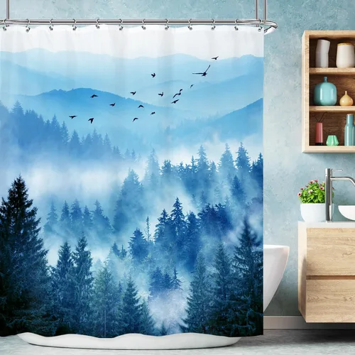 Miniatura 11 de Riyidecor - Cortina de ducha para baño pequeño de montaña, 36 pulgadas de ancho x 72 pulgadas de alto, verde, para RV, temática rústica, naturaleza
