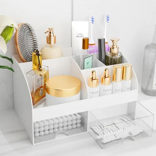 Miniatura 20 de Organizador de maquillaje con cajones, almacenamiento de cosméticos para tocador y encimera de baño, soporte de belleza para lápiz labial y brochas