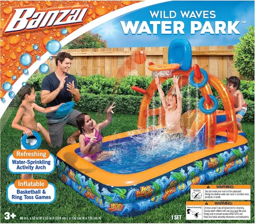 BANZAI Wild Waves Water Park, longitud: 88 pulgadas, ancho: 52 pulgadas, altura: 53 pulgadas, juguete inflable para salpicaduras de agua en el patio