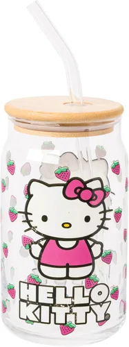Miniatura 25 de Silver Buffalo Sanrio - Vaso de vidrio rosa con tapa de bambú y sorbete de vidrio de Hello Kitty, 16 onzas Hello Kitty Agitando