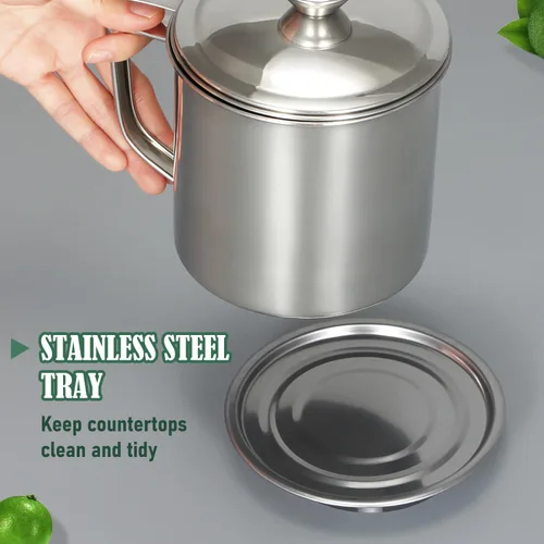 Miniatura 5 de Tellshun Recipiente de grasa de tocino con colador de 1.25 L / 42 oz fuerte atrapador de cocina de acero inoxidable de grado alimenticio con tapa