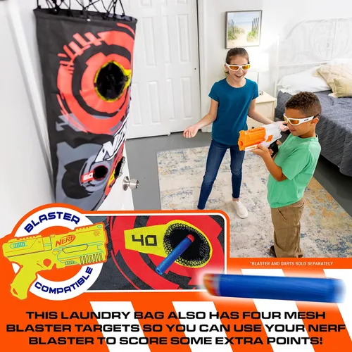Miniatura 9 de NERF Cesta de aro de baloncesto – Cesta para ropa sucia sobre la puerta + objetivo de disparo – Mini canasta de aro + juego de baloncesto