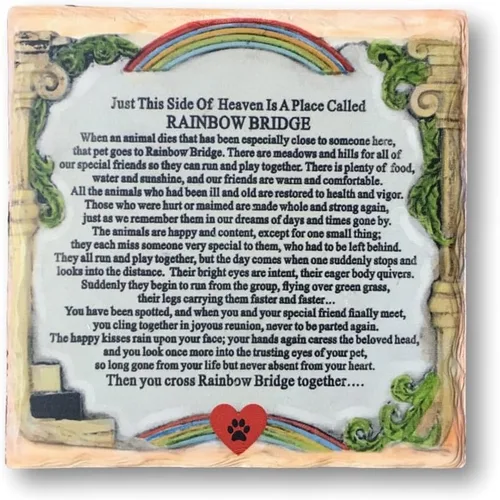BANBERRY DESIGNS Placa conmemorativa para mascotas – The Rainbow Bridge Story – Placa de recuerdo de escritorio para la pérdida de un perro o gato.