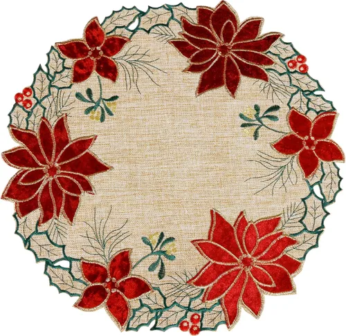 OWENIE Juego de 4 manteles individuales redondos de flor de pascua de Navidad, bordados, con apliques bordados, manteles individuales de lino de