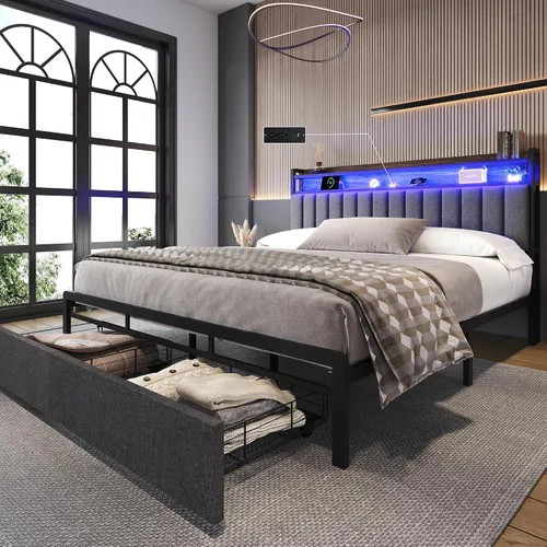 Miniatura 12 de Ailisite Marco de cama plataforma tamaño Queen con cabecero y cajones de almacenamiento, marco de cama plataforma tapizado gris con puerto de carga