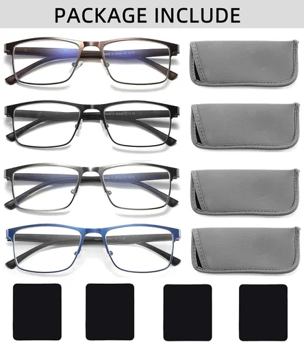 Miniatura 4 de Paquete de 4 lentes de lectura con bloqueo de luz azul para hombres, elegantes lentes de marco metálico con bisagras de resorte cómodas, filtro UV