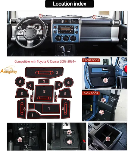 Miniatura 2 de Aunginsy Kit de alfombrillas con ranura para automóvil (15 unidades), goma, rojo y negro, compatible con Toyotaa FJ Cruiser 2007-2021, consola