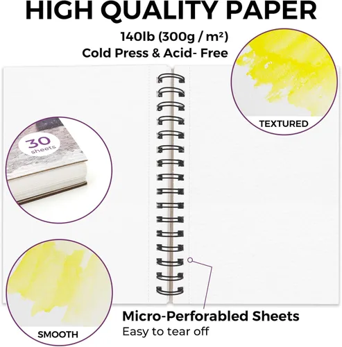 Miniatura 3 de Funto Almohadilla de acuarela 5.5x8.5, 30 hojas, 140 lb/300 g/m², doble cara prensada en frío, encuadernada en espiral, papel pesado para pintura