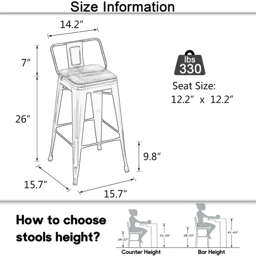 Miniatura 3 de Aklaus Taburetes de bar de 26 pulgadas con respaldo bajo, juego de 4 taburetes de bar de metal industrial con asiento de madera, taburetes de altura