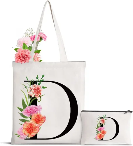 Bolsa de lona con letra inicial personalizada, regalo para el día de la madre, damas de honor, novia, cumpleaños, boda Flower-D