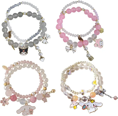 Cinnamoroll - Pulsera de cuentas de cristal My Melody Sanrio, lindas pulseras de dibujos animados Kawaii elásticos para niñas y mujeres, graduación