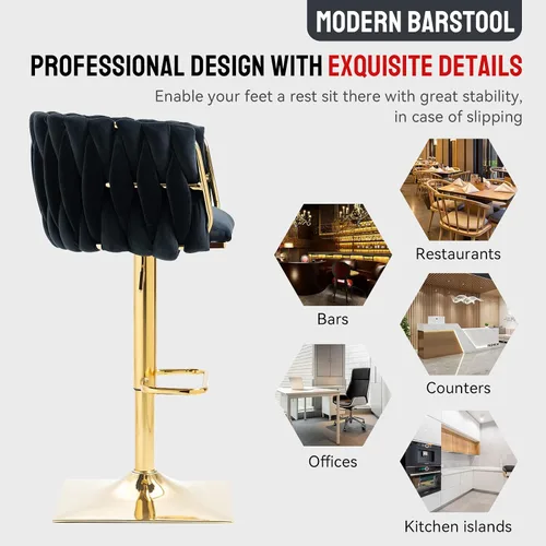 Miniatura 6 de NIOIIKIT Juego de 2 taburetes de bar tapizados de terciopelo, silla de altura de mostrador con respaldo tejido a mano, taburete de comedor