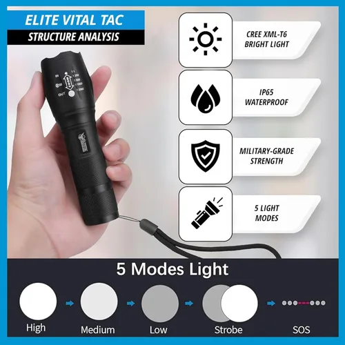 Miniatura 3 de FREEZE2TRIM Linterna Vital Tac, Elite Tac Linterna Modelo 2026 Vitaltac Militar Táctica USA Batería LED Alta Lúmenes Grado Militar 2000 Lúmenes 5