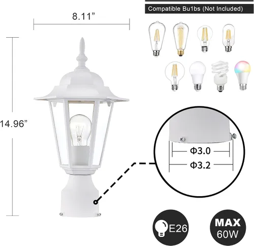 Miniatura 2 de Luces de poste para exteriores, lámpara de poste con enchufe E26, linterna exterior blanca con pantalla de vidrio transparente, iluminación exterior