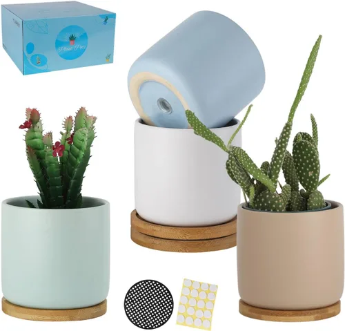 Miniatura 6 de Macetas de cerámica de 4 pulgadas con agujeros de drenaje, adorable maceta con bandeja para plantas de interior, suculentas, plantas de serpiente